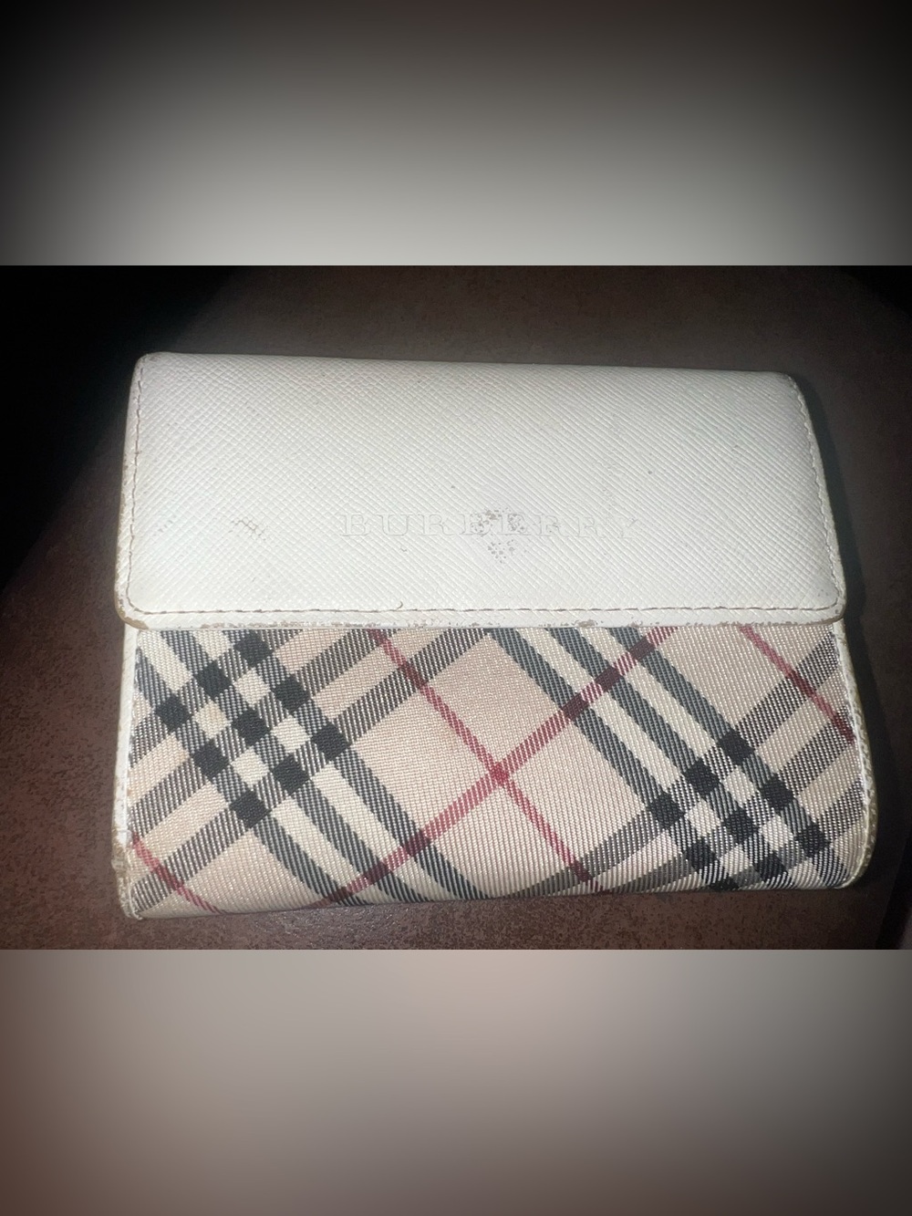 Burberry White Leather & Beige Check Compact Wallet
